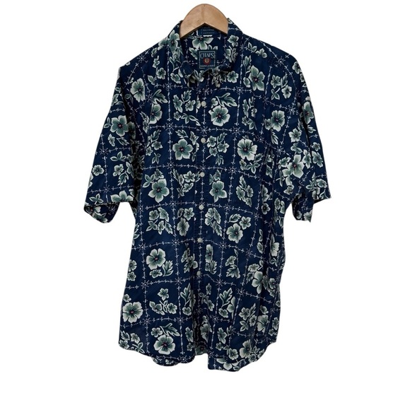 VINTAGE! 90s Chaps Ralph Lauren Men's XL Blue Floral Hawaiian Camp Shirt Cotton - Picture 2 of 8